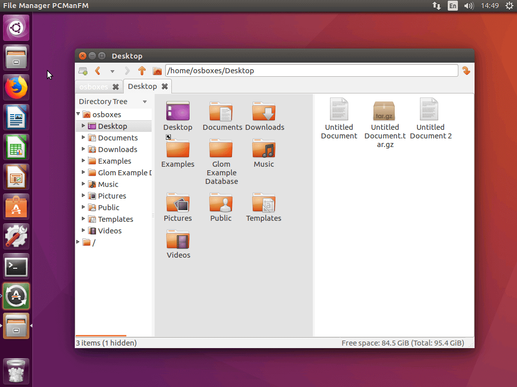 Interfaz de usuario del gestor de archivos de Linux PCManFM