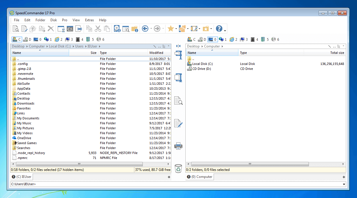 Interfaz de usuario del administrador de archivos de Windows SpeedCommander