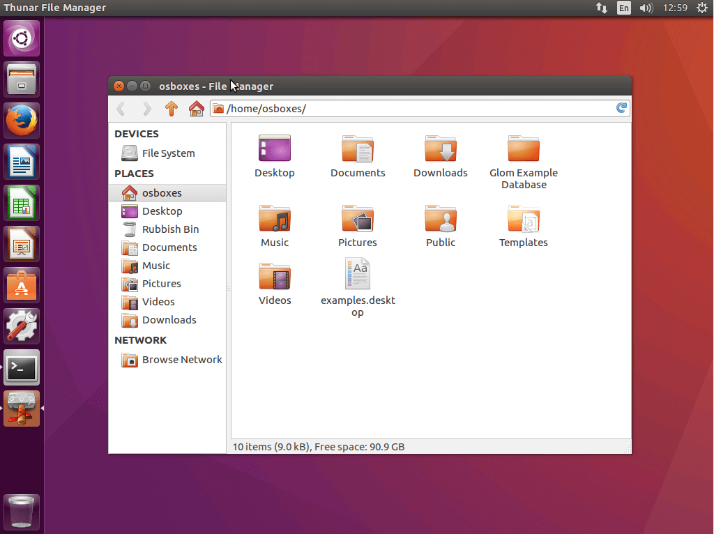 Interfaz de usuario del gestor de archivos de Linux Thunar