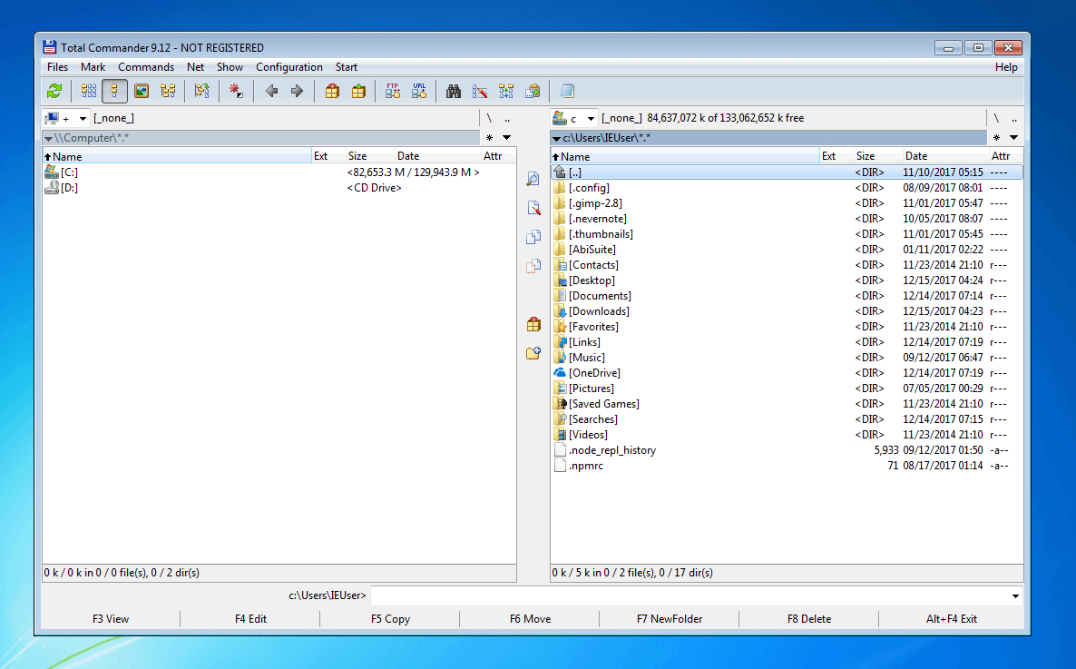 Interfaz de usuario de del gestor de archivos de Windows Total Commander