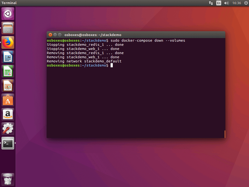 El comando “docker-compose down” en la terminal Ubuntu