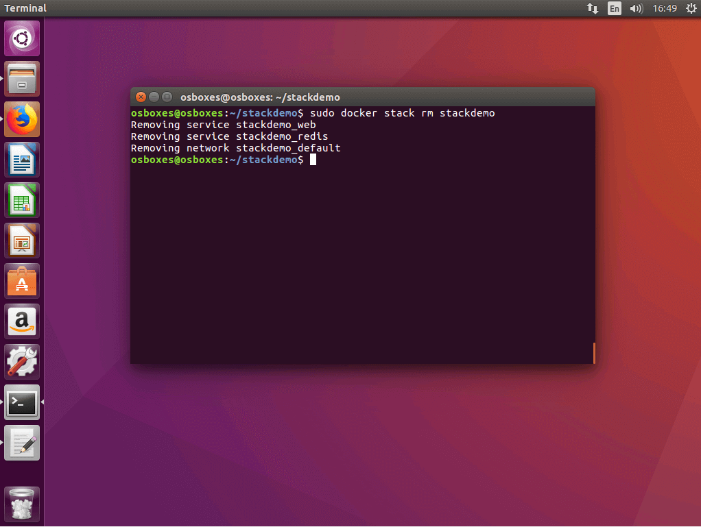 El comando “docker stack rm” en la terminal Ubuntu