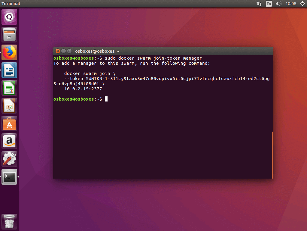 El comando “docker swarm join-token manager” en la terminal Ubuntu