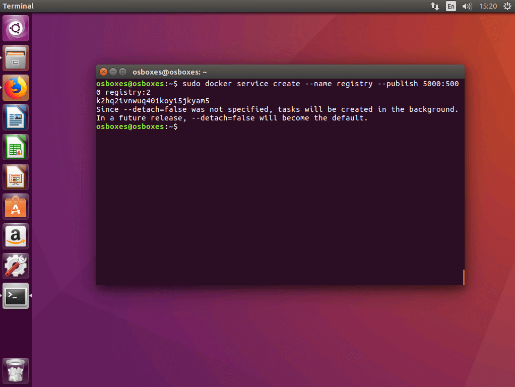 El comando “docker service create” en la terminal de Ubuntu