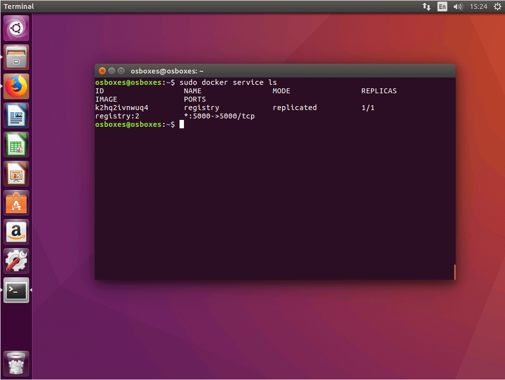 El comando “docker service ls” en la terminal de Ubuntu