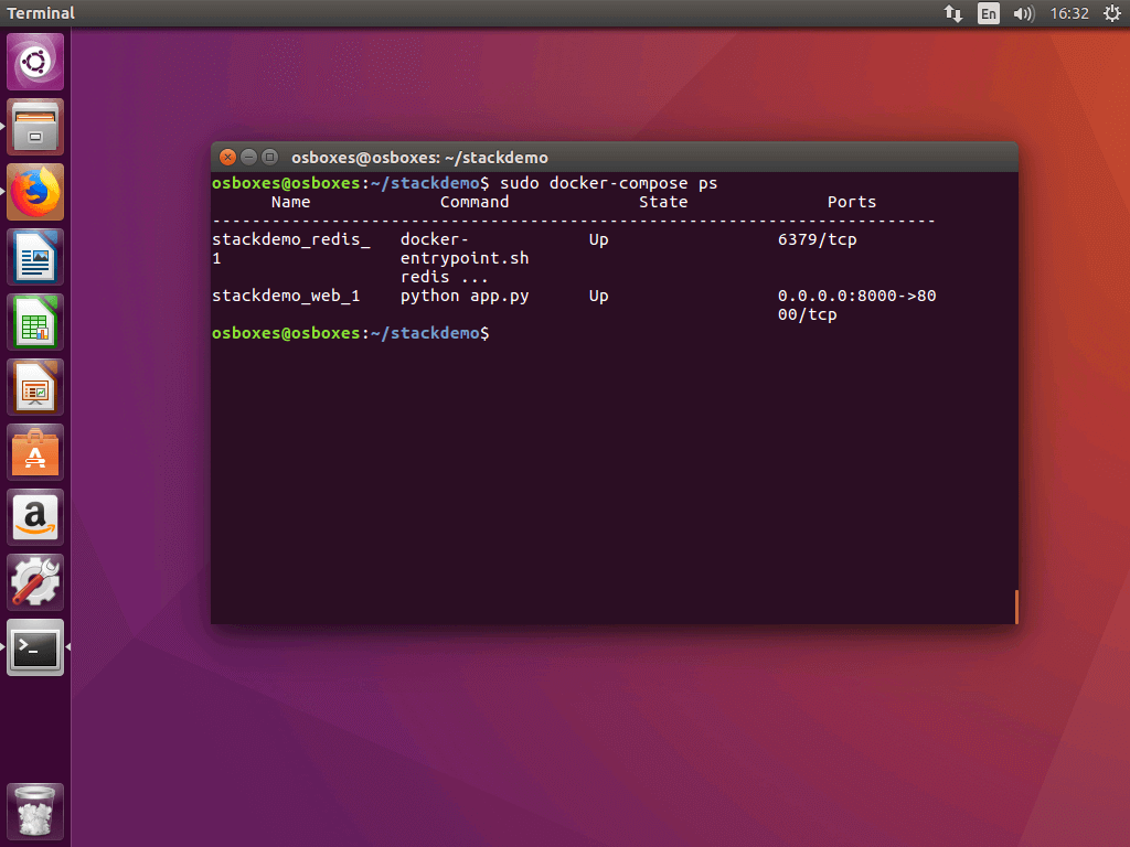 El comando “docker-compose ps” en la terminal Ubuntu