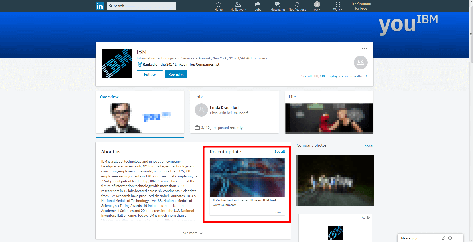 Página de empresa de IBM en LinkedIn
