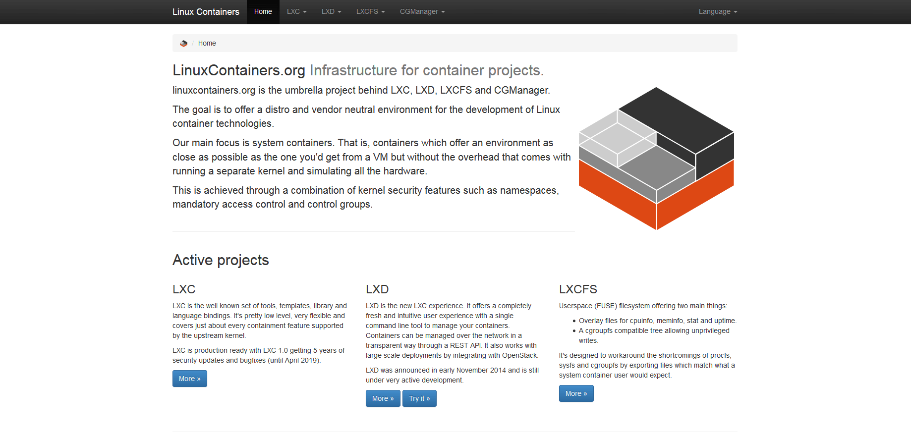Captura de pantalla del proyecto LinuxContainers.org