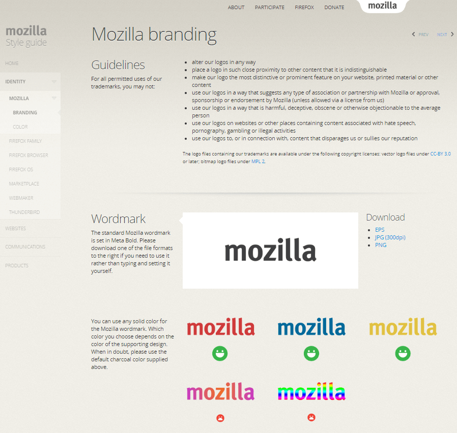 Captura de pantalla de la guía de estilo de Mozilla con directrices para el branding y la marca denominativa