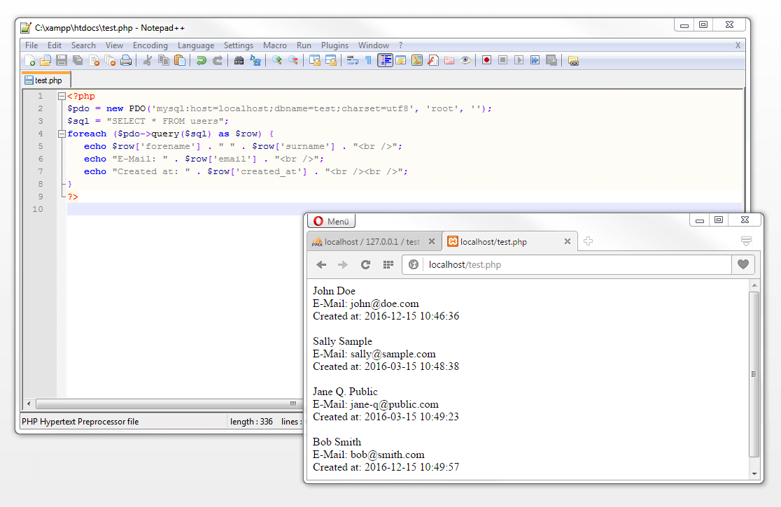 Script PHP con sentencia SQL incluido espaciador y emisión en el navegador vía localhost