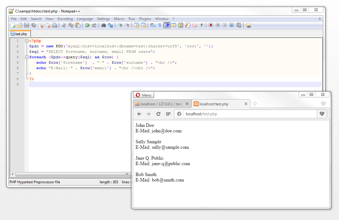 Script PHP con la sentencia SQL SELECT en Notepad++ y emisión en el navegador vía localhost