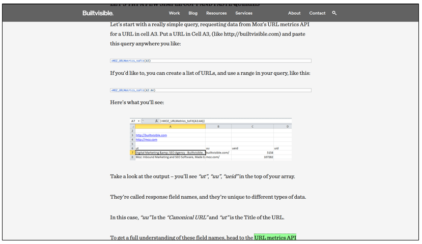 Manual de uso de Seogadget For Excel con la Moz Url Metrics API en builtvisible.com
