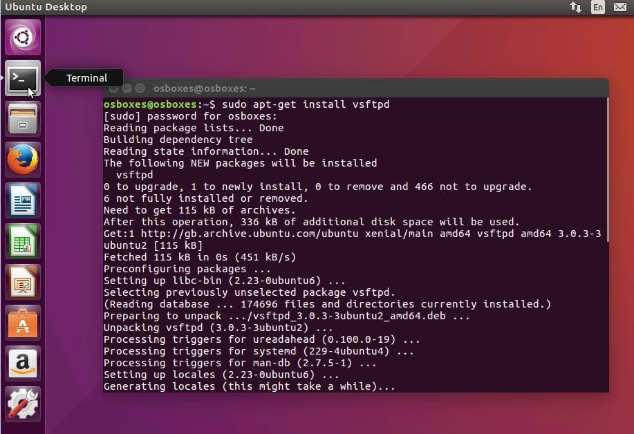 Terminal de Ubuntu: instalación de vsftpd