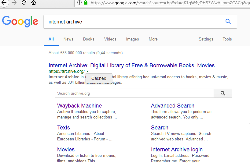 Resultado de búsqueda de Google para Internet Archive con la URL archive.org
