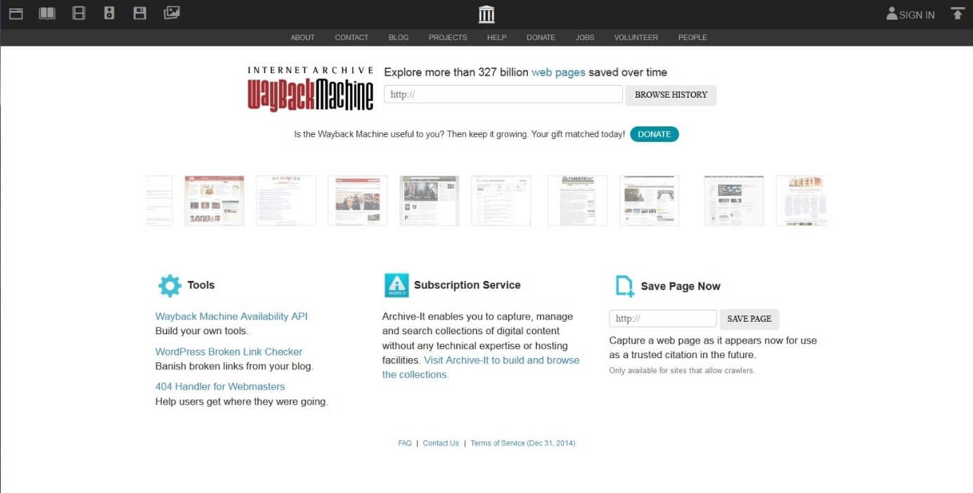 Página principal de Wayback Machine con campo de entrada, herramientas, servicio científico y herramienta de capturas