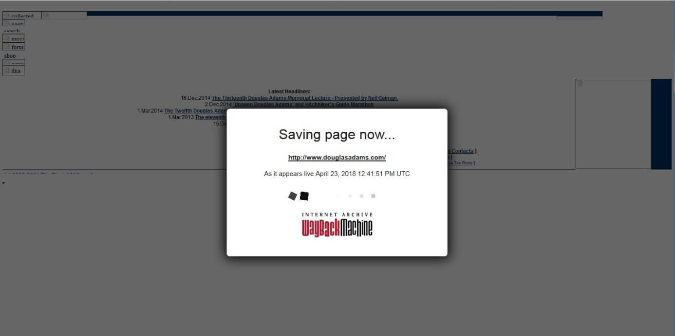 Ventana emergente de Wayback Machine con texto "Saving page now...", URL y marca de tiempo