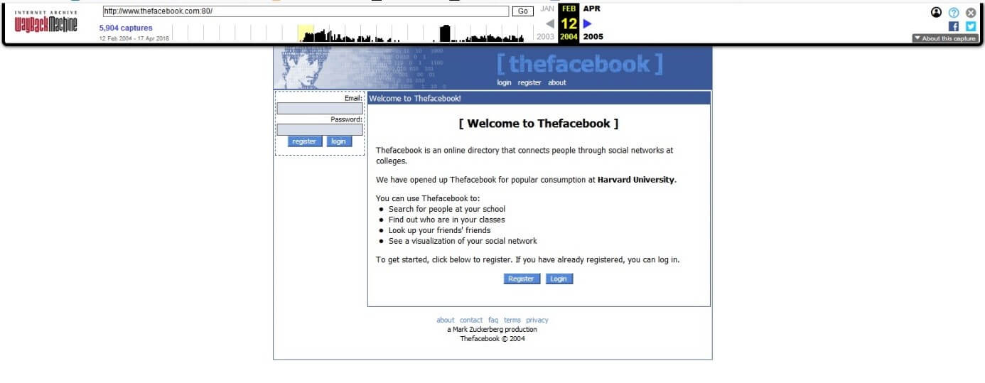 Página de inicio de sesión de Thefacebook del 12 de febrero de 2004 en la Wayback Machine