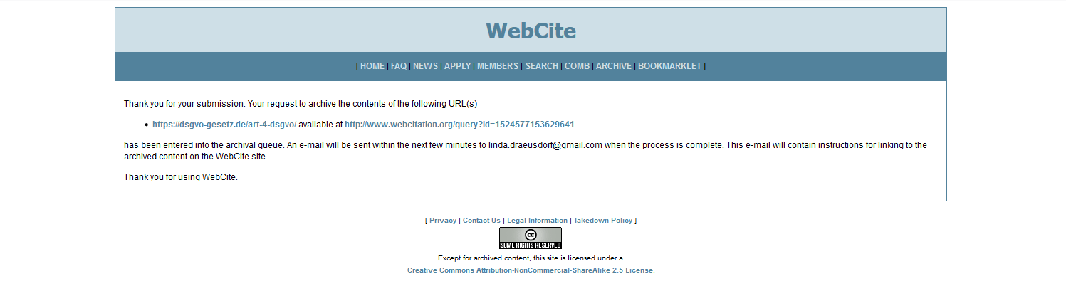 Mensaje de WebCite de que la fuente se ha añadido a la cola de archivo
