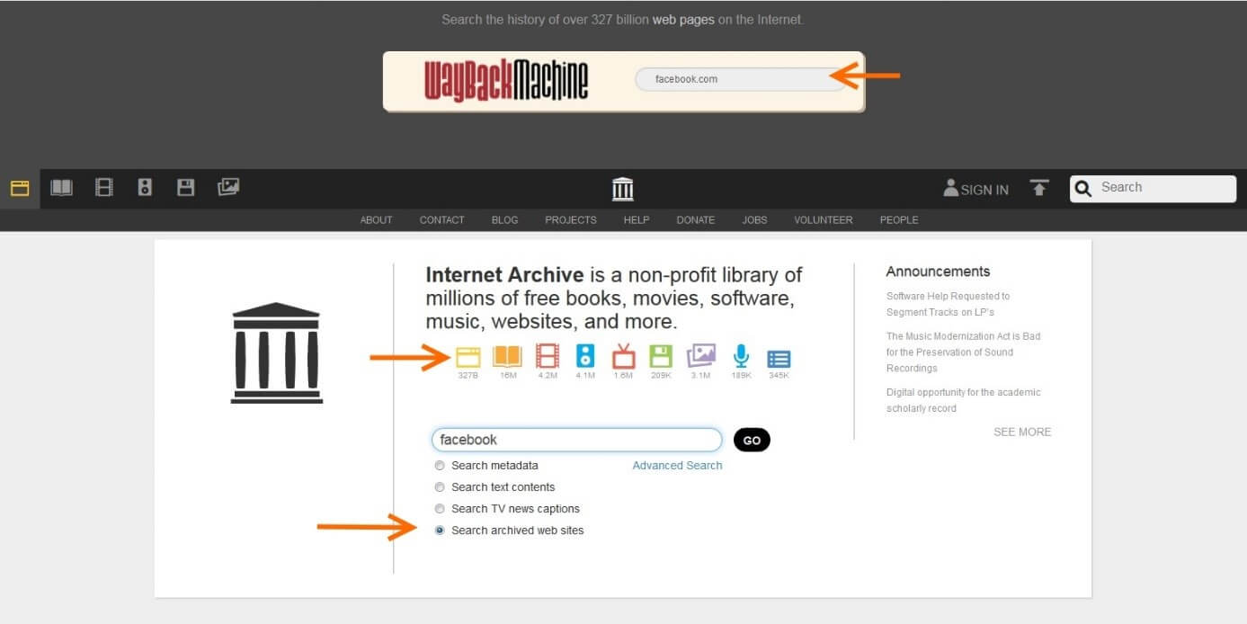 Página principal de archive.org con tres flechas naranjas que indican las diferentes opciones para buscar en páginas web antiguas