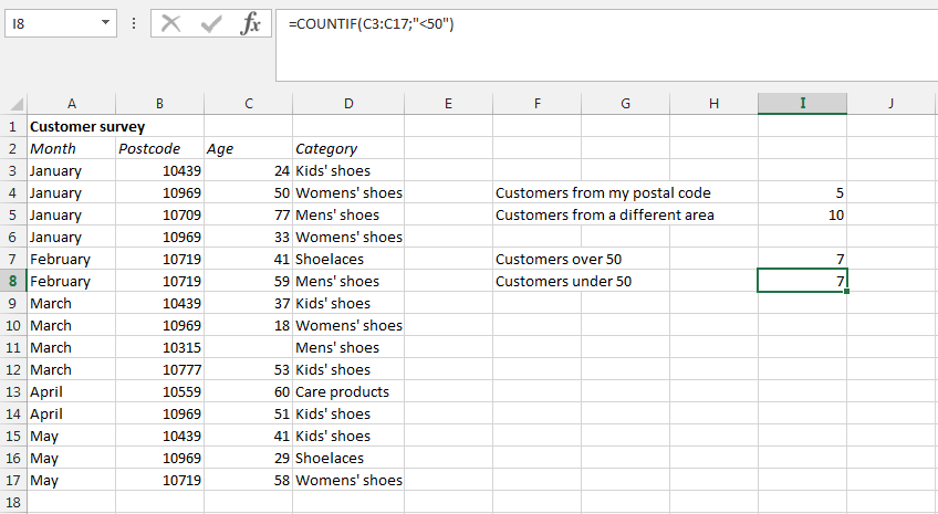 Captura de pantalla de una tabla Excel con los símbolos menor que y mayor que en la función CONTAR.SI