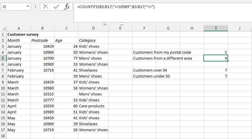 Captura de pantalla de una tabla Excel con la función CONTAR.SI.CONJUNTO