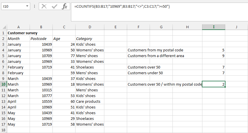 Screenshot de una tabla Excel con la función CONTAR.SI.CONJUNTO y tres criterios de búsqueda