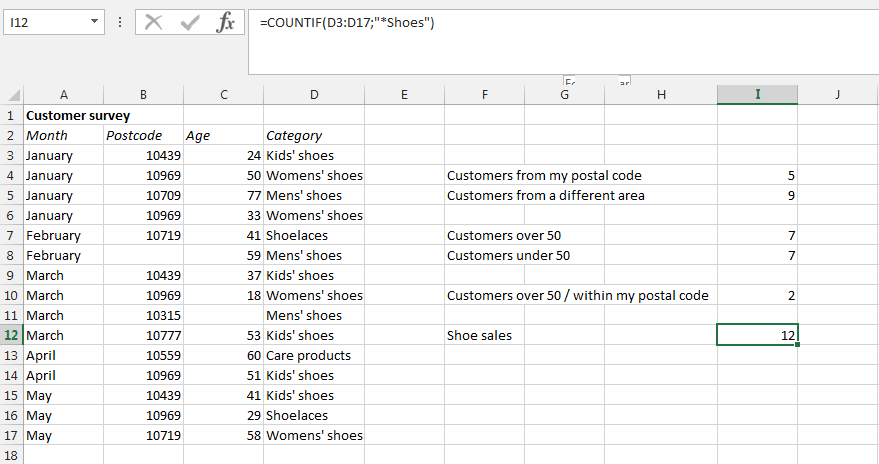 Screenshot de una tabla Excel con un carácter comodín en una función CONTAR.SI
