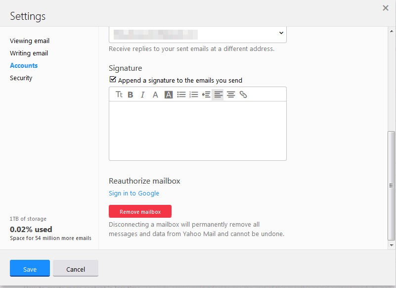 Sección de una captura de pantalla de la configuración de la cuenta de Yahoo Mail que muestra las opciones de firma