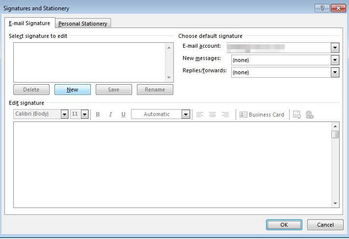 Captura de pantalla de la configuración de la firma de Microsoft Outlook