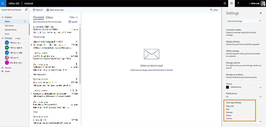 Captura de pantalla del menú desplegable de configuración de Microsoft Outlook Web App