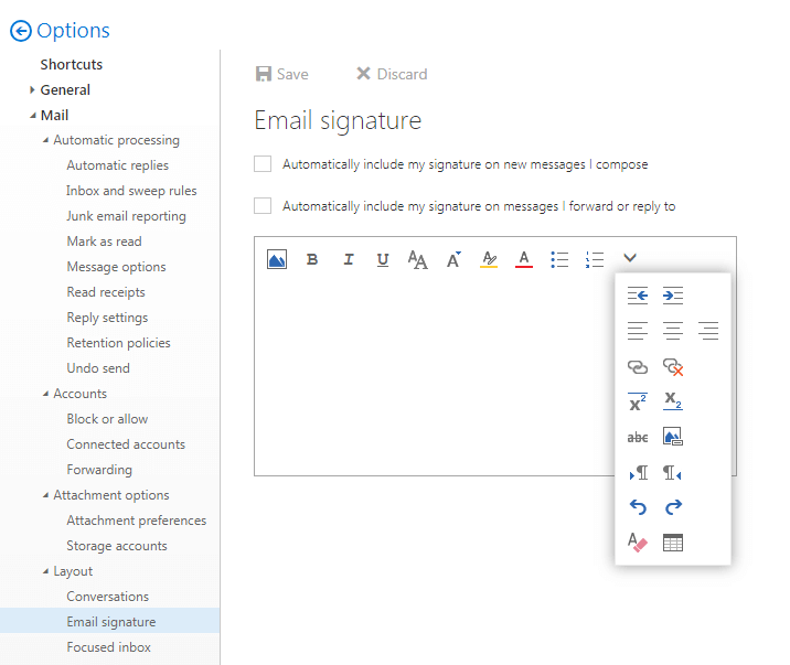 Captura de pantalla del editor de firmas de correo electrónico en la aplicación web Outlook