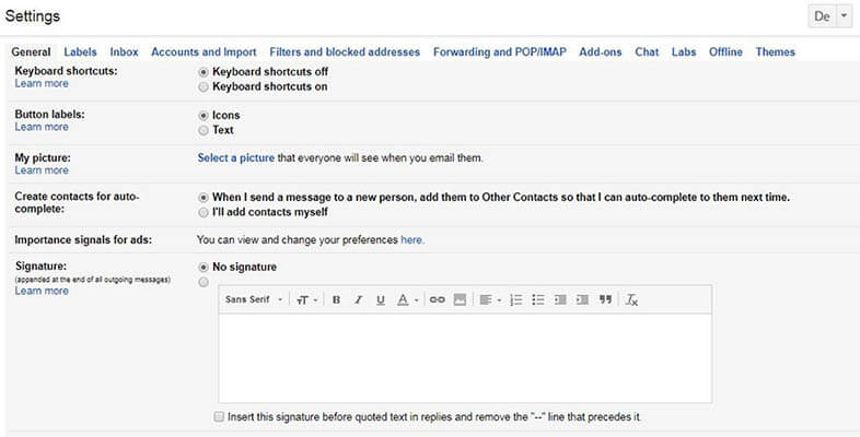 Captura de pantalla de la configuración general de Gmail, que muestra las opciones de firma