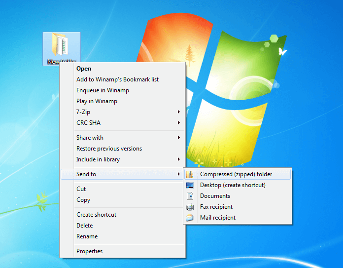 Captura de pantalla del escritorio de Windows con la opción “Enviar a” (“Send to”)