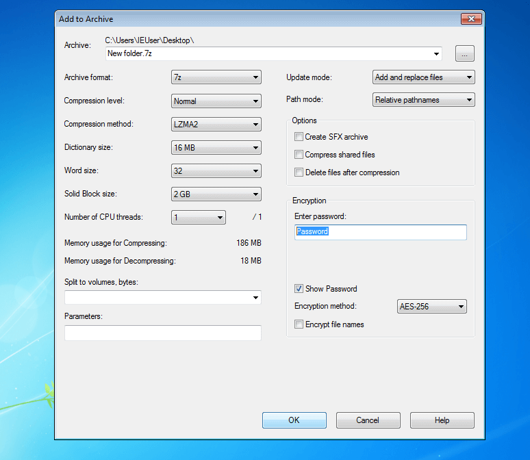 Captura de pantalla de máscara de entrada de 7-ZIP en Windows