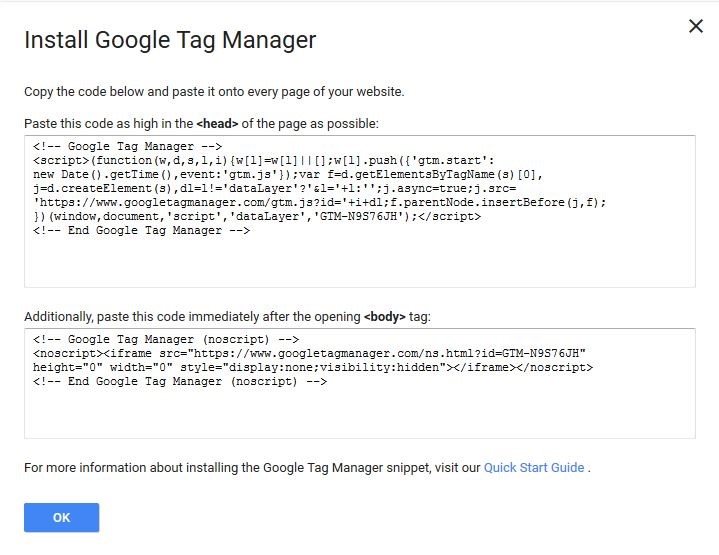 Google Tag Manager: campo de entrada de código para la implementación