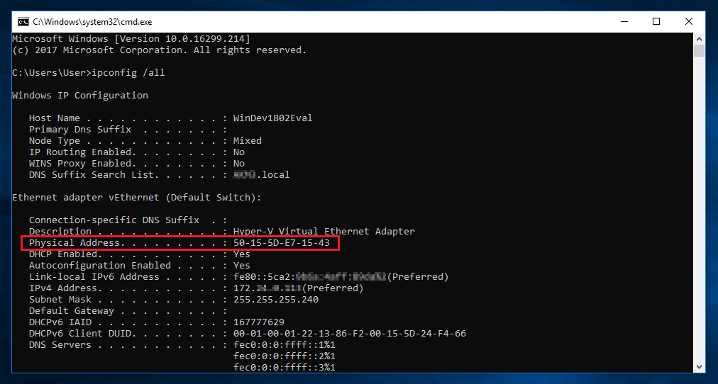 Ejemplo de una salida de terminal después del comando ipconfig /all