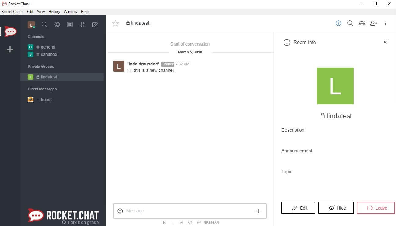 Rocket.Chat: vista de la interfaz con barra lateral para administrar la configuración