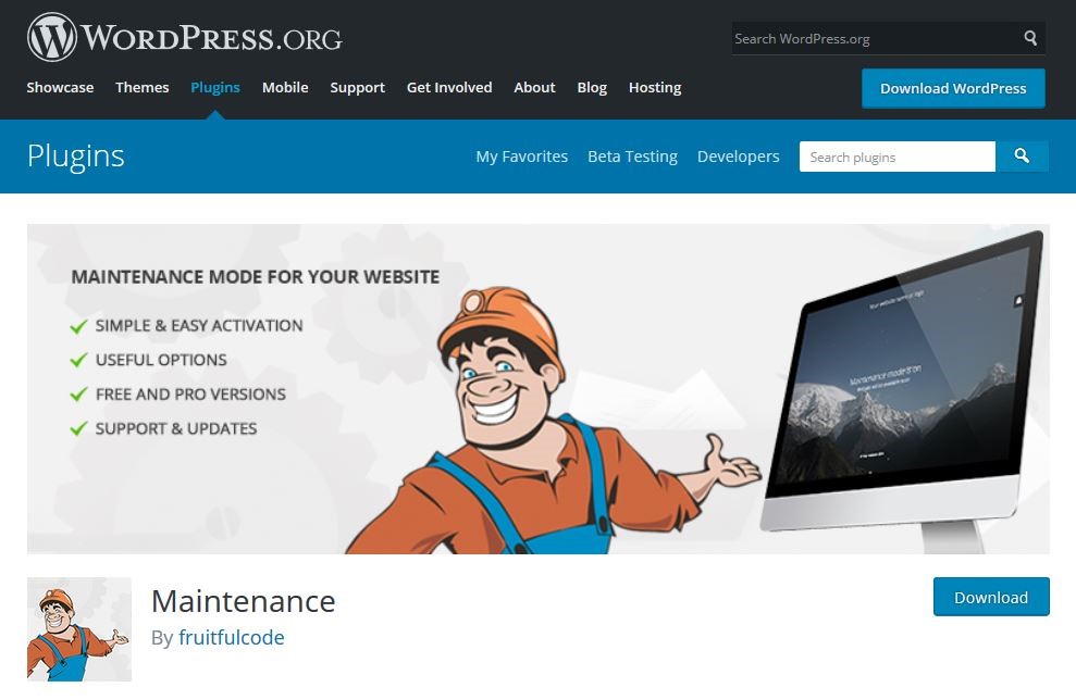Página de descarga del plugin the WordPress Maintenance