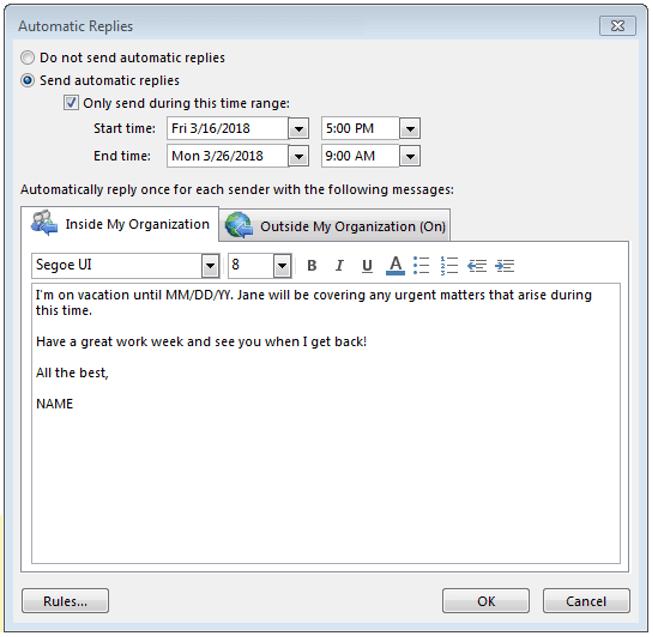 Ventana para escribir una respuesta automática en Outlook