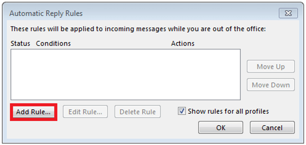 Ventana para establecer determinadas reglas para las respuestas automáticas de Outlook