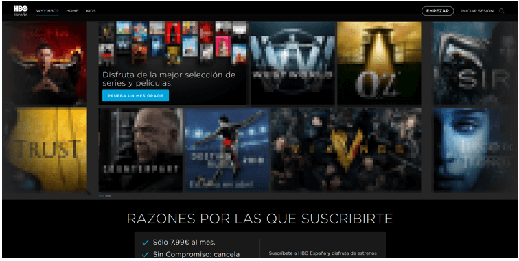 Captura de pantalla de la página de inicio de HBO España