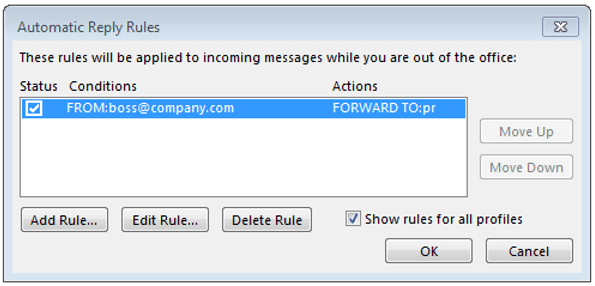 Vista principal de la regla establecida para una respuesta automática en Outlook