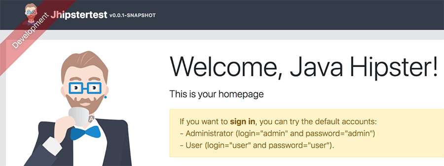 Página de inicio de JHipster “¡Bienvenido, Java Hipster!”