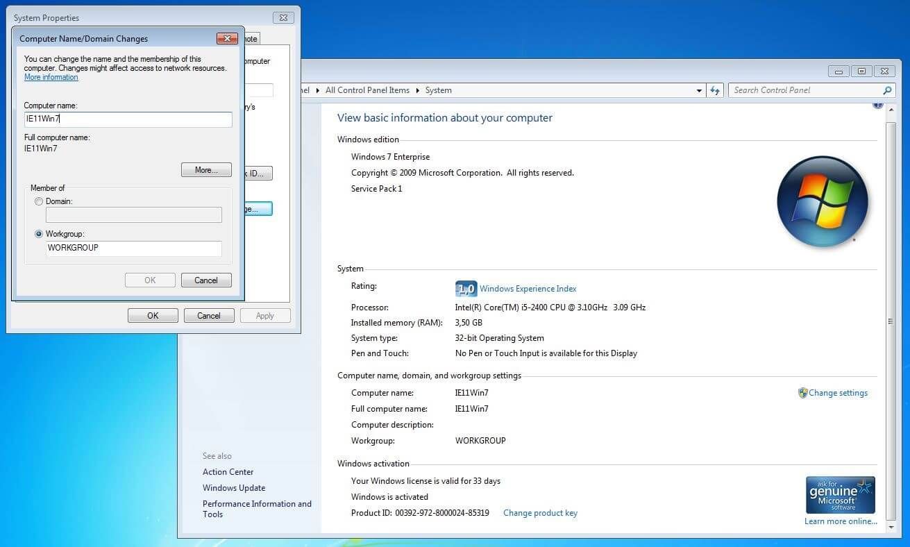 Cambio de nombre de host en Windows 7 a través del menú "Sistema"