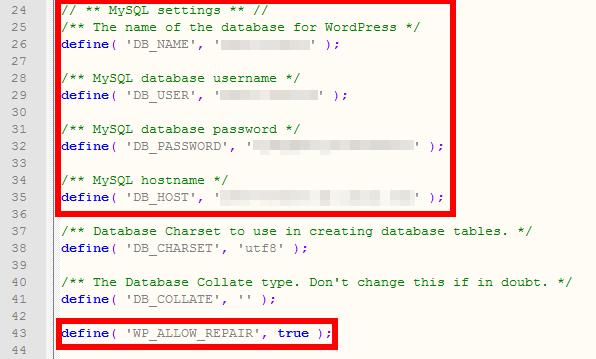 Fragmento del código fuente en wp-config.php