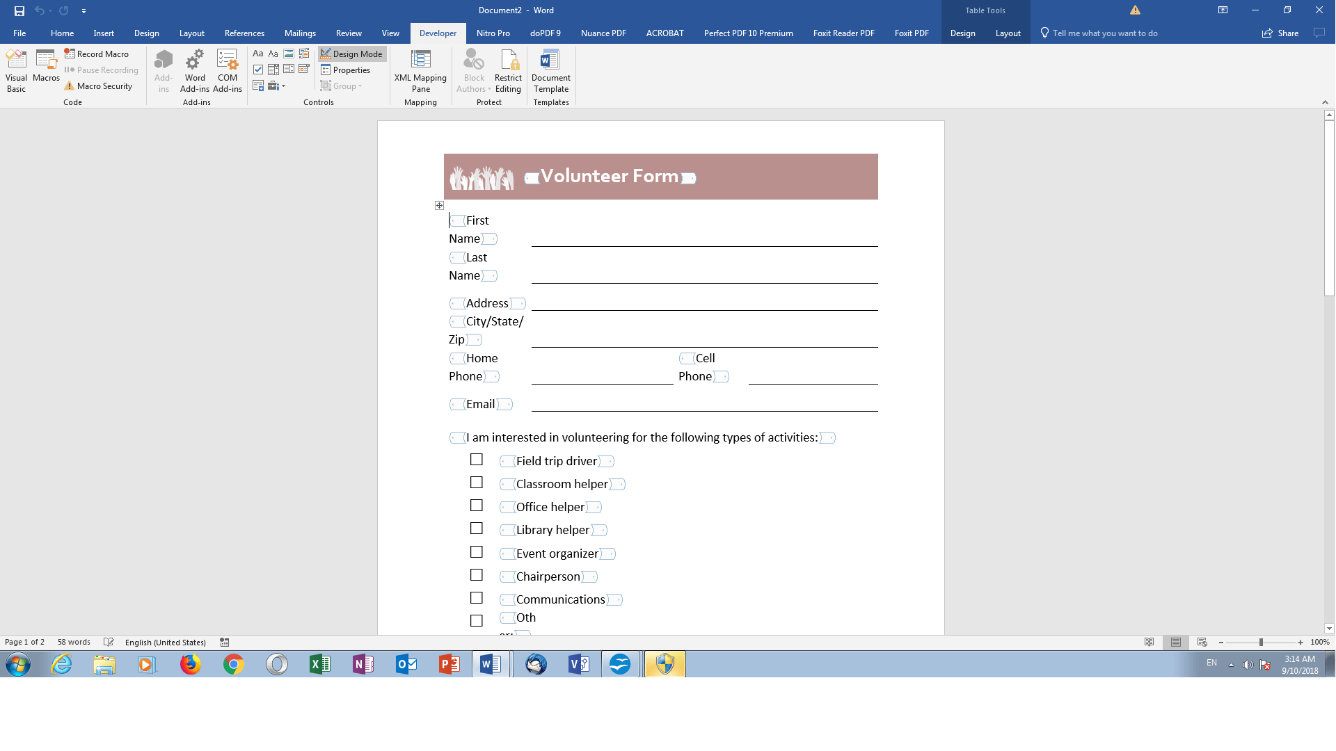 Ejemplo de plantilla de formulario “Factura” en MS Word en modo borrador