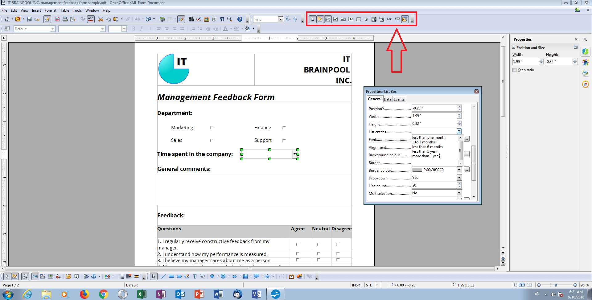 Ejemplo de un formulario de feedback de gestión en modo de diseño de OpenOffice Writer