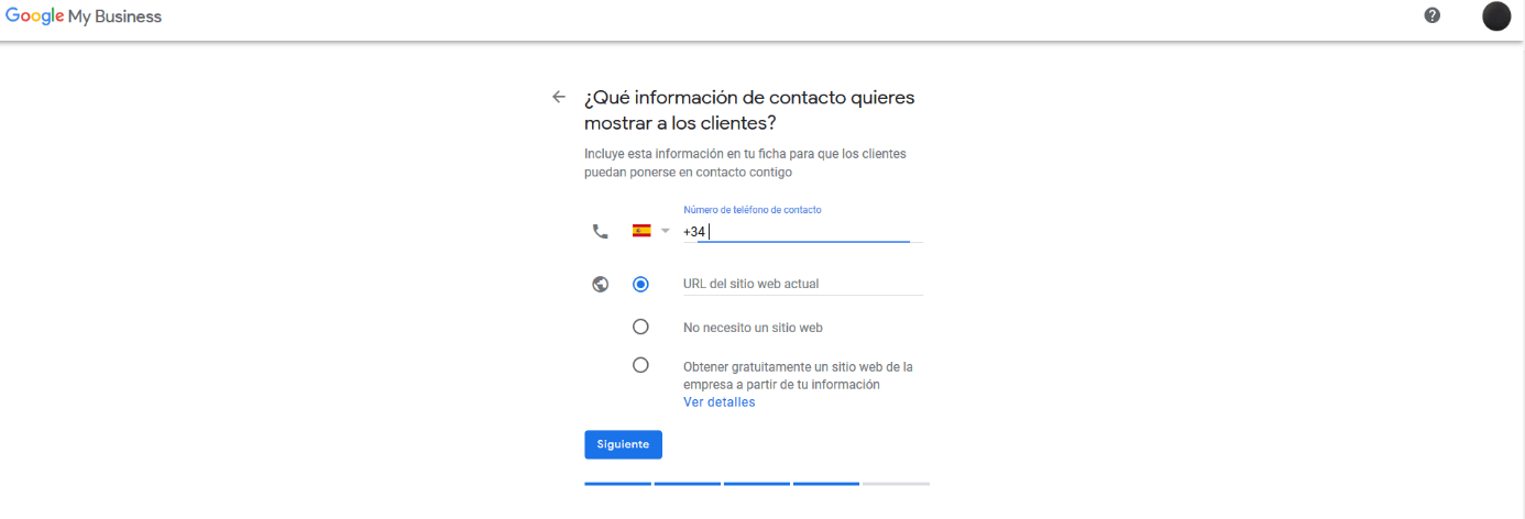 Google My Business: selección de las opciones de contacto