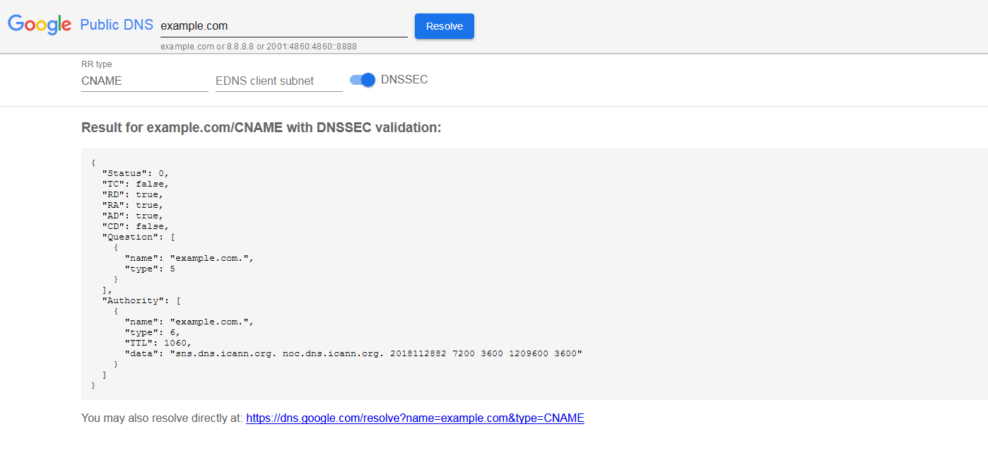 Consulta del CNAME con Google Public DNS