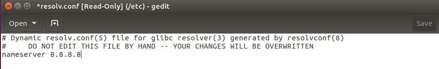 gedit mostrando un archivo resolv.conf abierto en Ubuntu